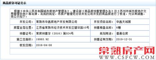 华鑫天域居6幢于2016-04-08通过预售许可审