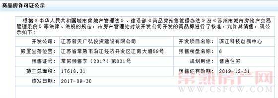 滨江科技创新中心6幢已于2017-09-30通过预售许可号