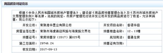 香语华庭12、13幢已于2017-09-13通过预售许可号