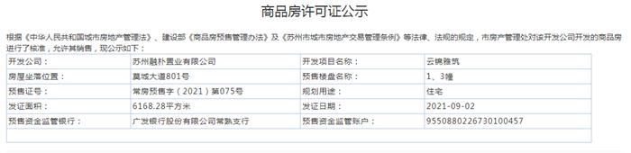 云锦雅筑1、3幢2021-09-02通过预售许可